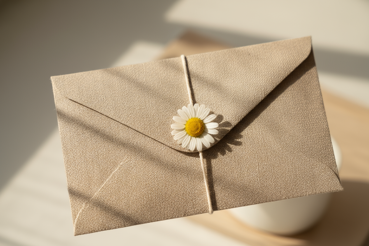 A close-up of a soft linen envelope with a small flower on top, sunlight and shadows across the fabric. Minimalist, warm beige tones, emotional yet simple — evokes connection, calm communication, and softness.
