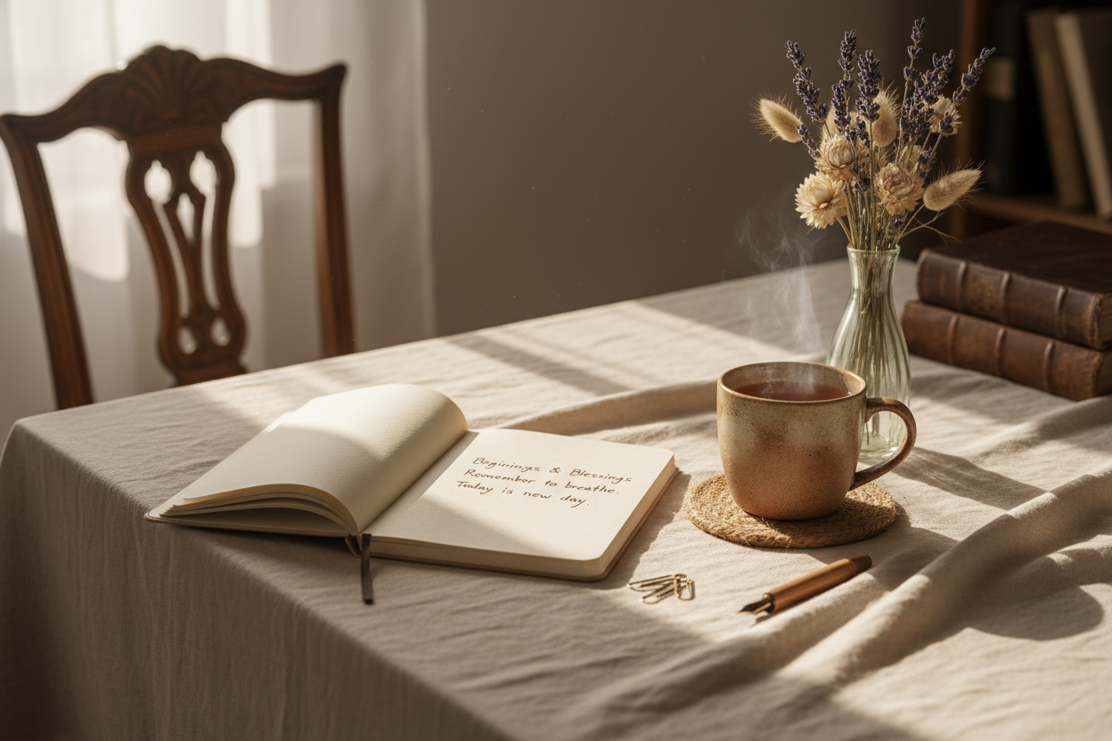 A cozy, softly lit desk scene in natural tones. An open notebook with a handwritten note, a ceramic mug of tea, dried flowers, and a linen tablecloth. Gentle morning light through a window. The mood feels warm, welcoming, and personal — aesthetic, natural, and calm.