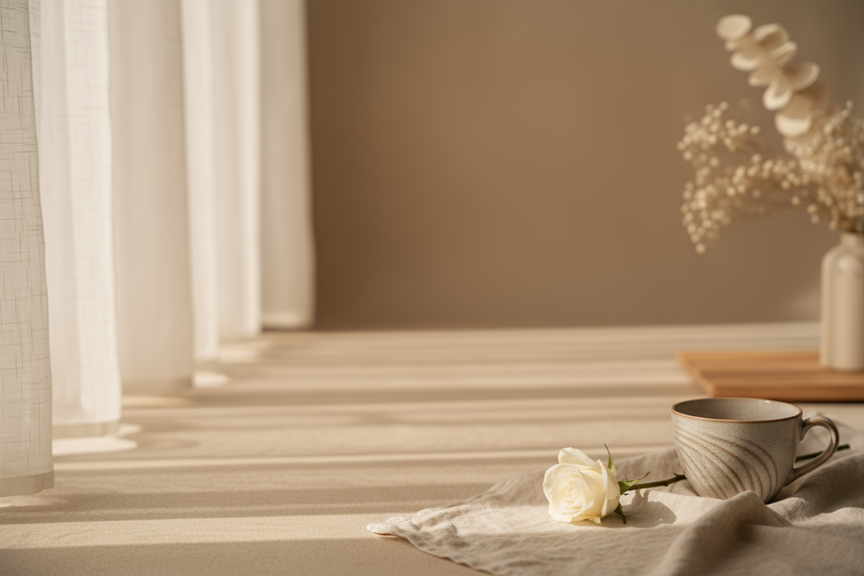 A softly lit, minimal background with warm beige and creamy tones. Gentle sunlight streaming through sheer curtains, creating soft shadows. A hint of a cozy linen texture or blurred dried flowers in the background. The scene feels calm, hopeful, and poetic — evoking warmth, new beginnings, and quiet strength. Natural, aesthetic, editorial style.