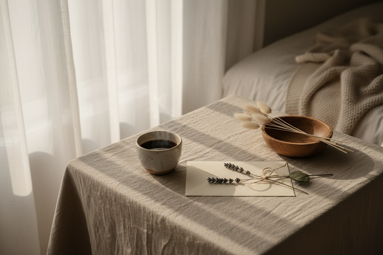 A softly lit morning scene in warm neutral tones. A small ceramic coffee cup beside an envelope and dried flowers on a linen cloth. Gentle sunlight filters through sheer curtains. The mood feels calm, heartfelt, and comforting — evoking quiet connection and gratitude. Natural, aesthetic, editorial-style composition.