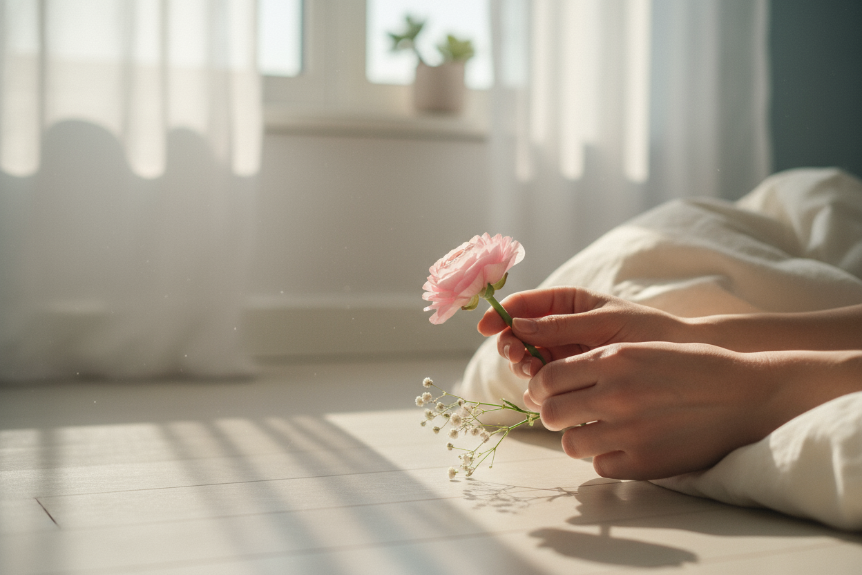 Afbeelding: zachte, lichte foto (bijv. ochtendlicht door gordijnen of iets symbolisch zoals een hand die een klein bloemetje vasthoudt)