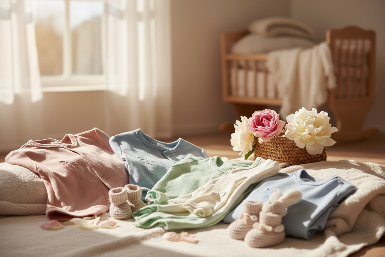 bijvoorbeeld een warme foto van babykleertjes, licht door raam of bloemen.