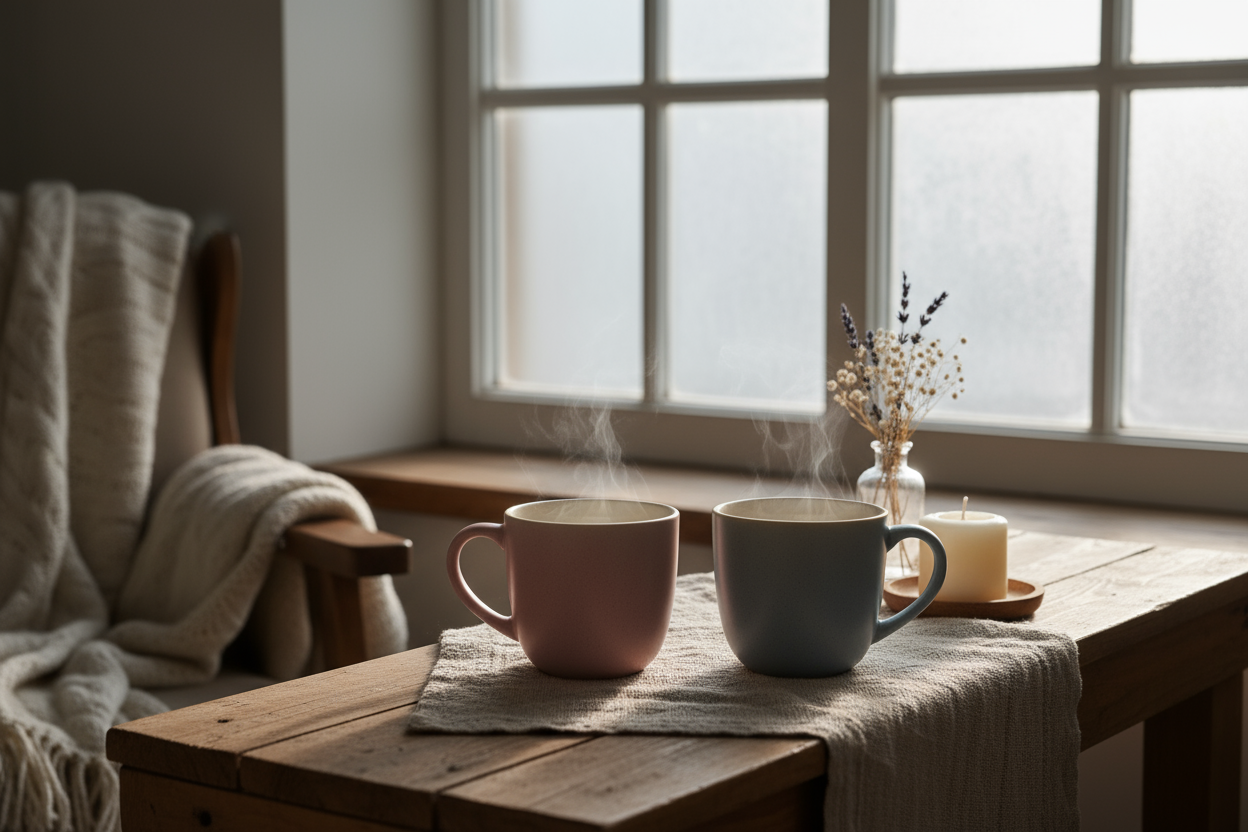 Cozy pastel photo of two steaming mugs near a softly lit window, gentle winter light, neutral tones, linen textures, hint of candles or dried flowers — calm and heartwarming, symbolizing togetherness and quiet connection. 🌿