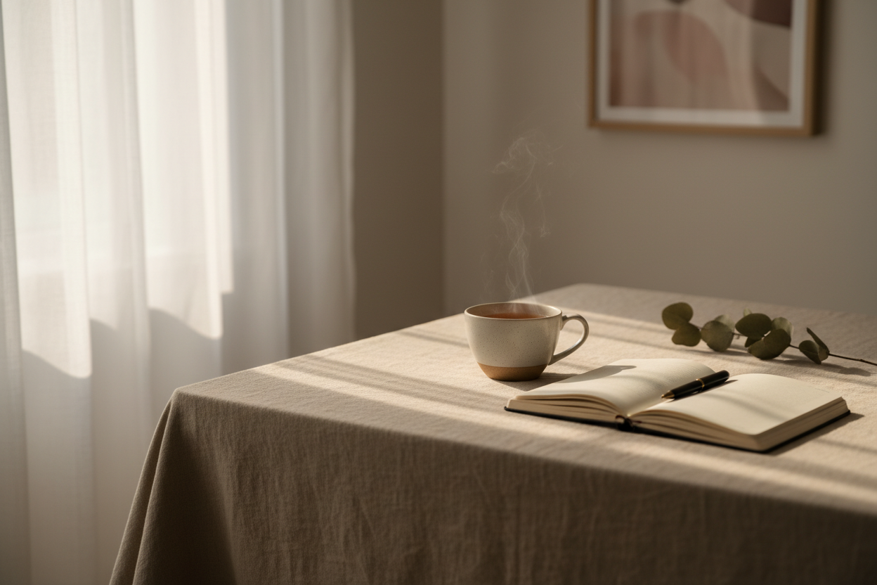 soft morning sunlight filtering through sheer white curtains, gentle shadows on a linen table, a cup of tea and an open journal, calm and minimal aesthetic, warm neutral tones, serene and tender atmosphere, styled like natural lifestyle photography