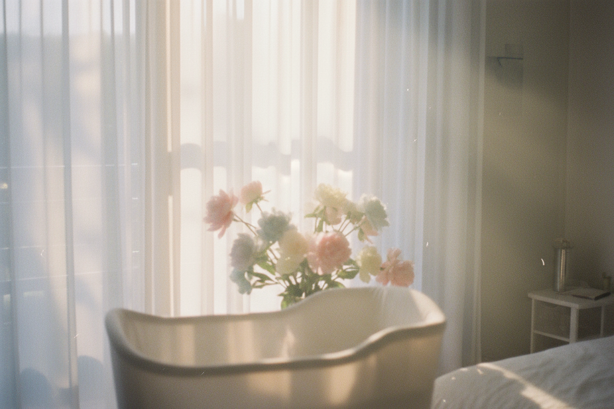 Soft pastel photo of gentle morning light through sheer curtains, focus on soft flowers or cradle silhouette, warm and hopeful atmosphere — minimal, airy, emotional calm.
