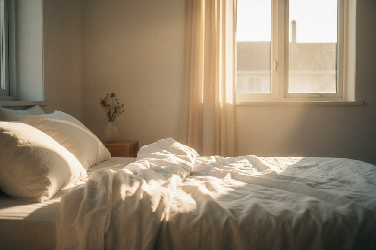 zachte lifestylefoto, iets symbolisch (bijv. open handen of zonlicht op beddengoed).
